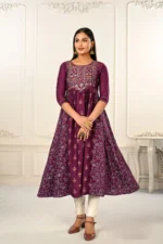 Wine Cotton With Handprint Embroidered Kurtis