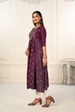 Wine Cotton With Handprint Embroidered Kurtis - Image 2