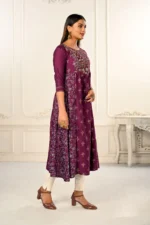 Wine Cotton With Handprint Embroidered Kurtis - Image 3