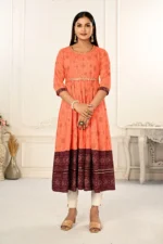 Orange Cotton With Handprint Embroidered Kurtis