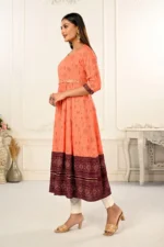 Orange Cotton With Handprint Embroidered Kurtis - Image 3