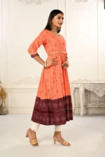 Orange Cotton With Handprint Embroidered Kurtis - Image 2