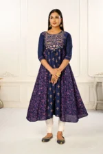 Purple Cotton With Handprint Embroidered Kurtis