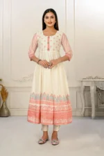 Cream Cotton With Hand-Print Embroidered Kurtis