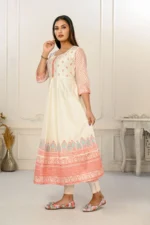 Cream Cotton With Hand-Print Embroidered Kurtis - Image 2