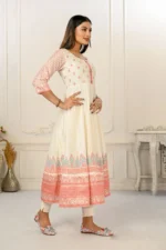 Cream Cotton With Hand-Print Embroidered Kurtis - Image 3