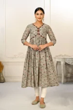 Grey Cotton With Handprint Embroidered Kurtis