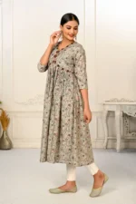 Grey Cotton With Handprint Embroidered Kurtis - Image 3