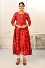 Red Cotton With Handprint Light Embroidered Kurtis