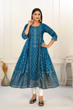Blue Cotton With Handprint Embroidered Kurtis