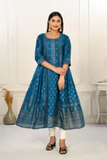 Blue Cotton With Handprint Embroidered Kurtis - Image 3