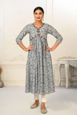 Grey Cotton With Handprint Light Embroidered Kurtis