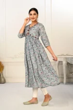 Grey Cotton With Handprint Light Embroidered Kurtis - Image 2