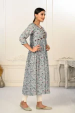 Grey Cotton With Handprint Light Embroidered Kurtis - Image 3