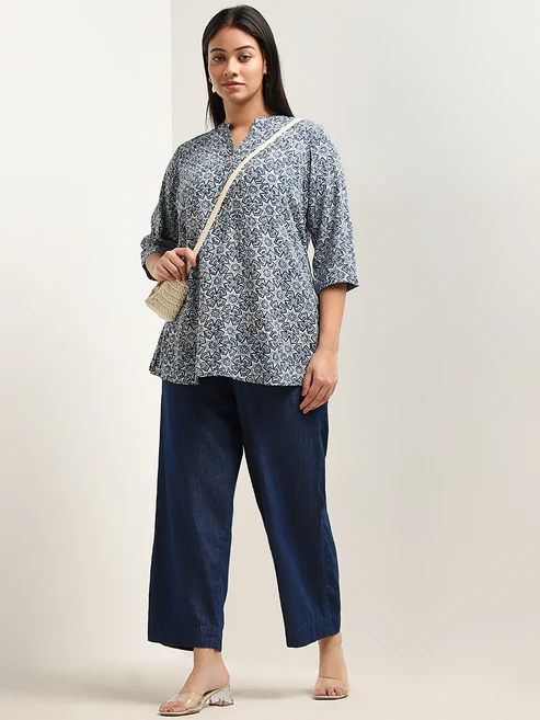 300975974INDIGO_1.webp Diza Indigo Geometric Printed Straight Kurti - Image 1