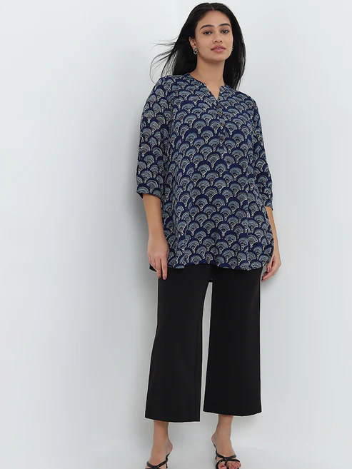 300986324INDIGO_1.webp Diza Indigo Printed A-Line Kurti - Image 1