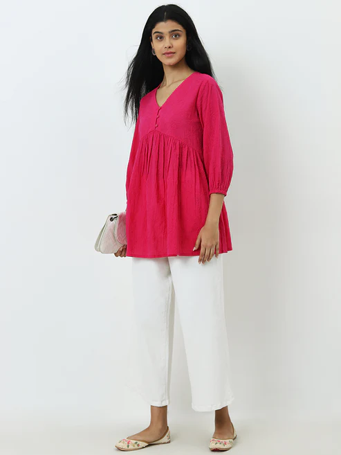 300991524FUCHSIA_1.webp Utsa Beige Ikat Patterned Straight Tunic - Image 1