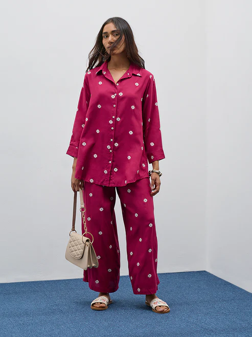 300992615MAROON_1.webp Utsa Magenta Bandhani Design Straight Tunic - Image 1