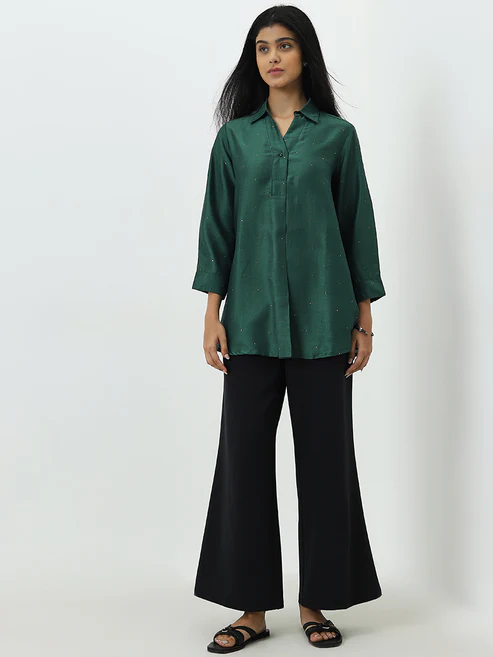 300992985GREEN_1.webp Utsa Dark Green Badla Printed Tunic - Image 1