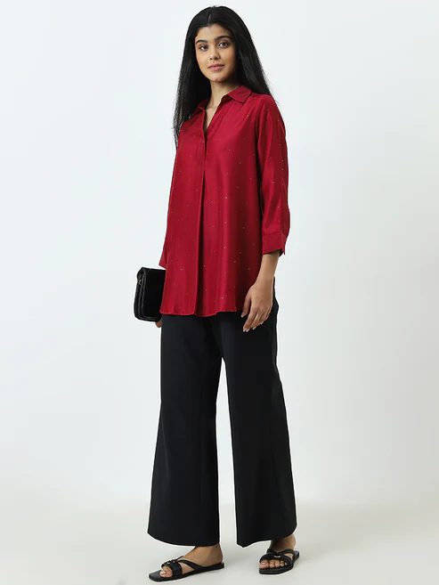 300992986MAROON_1.webp Utsa Maroon Badla Printed Tunic - Image 1