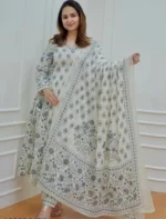 Grey White Cotton Afghani Kurti With Pant & Dupatta Set - Image 2