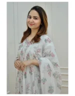 White Floral Cotton Kurti With Palazzo & Dupatta Set - Image 2