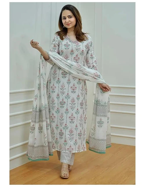 71DCqYrLVOL._SX569.webp White Floral Cotton Kurti With Palazzo & Dupatta Set - Image 1