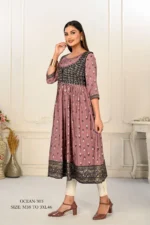Violet Cotton Handprint Embroidered Kurtis - Image 2