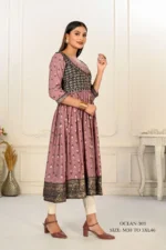 Violet Cotton Handprint Embroidered Kurtis - Image 3