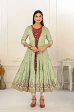 Pista Green Cotton Handprint Embroidered Kurtis