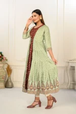 Pista Green Cotton Handprint Embroidered Kurtis - Image 3