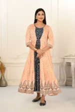 Peach Cotton Handprint Embroidered Kurtis
