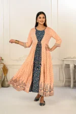 Peach Cotton Handprint Embroidered Kurtis - Image 2