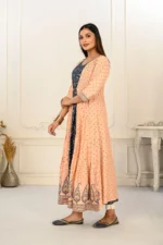 Peach Cotton Handprint Embroidered Kurtis - Image 3