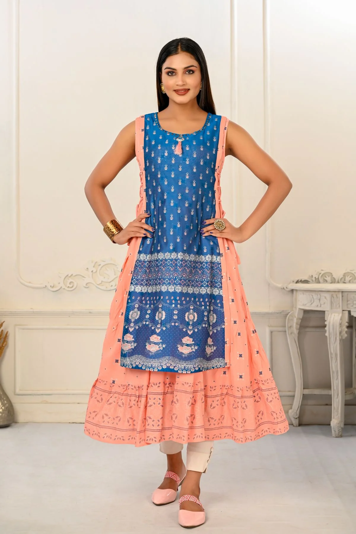 DSC8807.webp 2 Layered Inner Cotton And Outward Jacket Chanderi Kurti For Women - Image 1