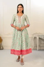 Light Green Cotton Handprint Embroidered Kurtis