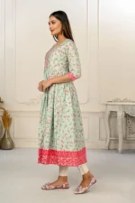 Light Green Cotton Handprint Embroidered Kurtis - Image 2