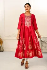 Elegant Cotton Hand-Print Red Embroidery Kurtis - Image 3