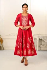 Elegant Cotton Hand-Print Red Embroidery Kurtis