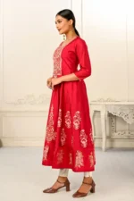 Elegant Cotton Hand-Print Red Embroidery Kurtis - Image 2