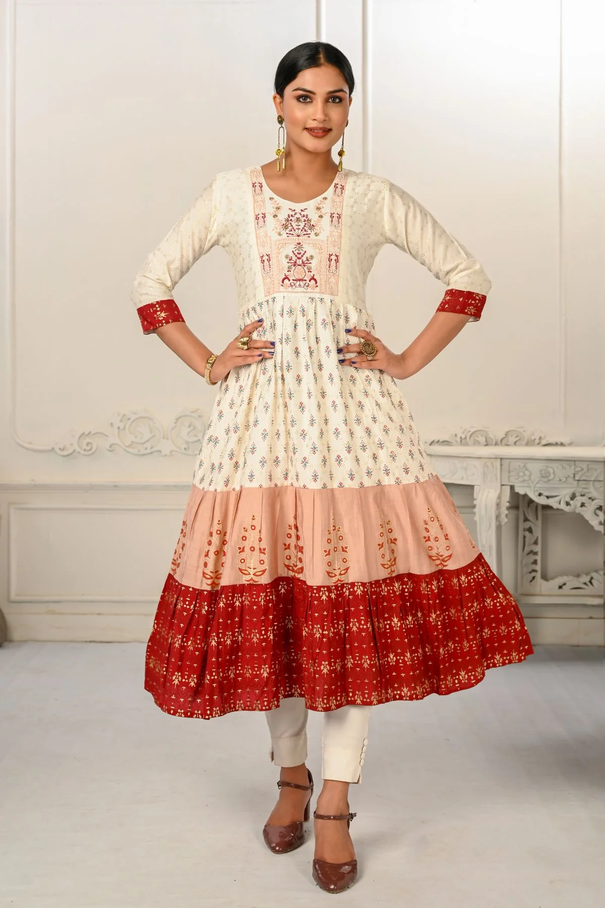 DSC9100.webp Enhance Your Style With Cotton Handprint Cream & Red Light Embroidery Kurtis - Image 1