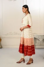Enhance Your Style With Cotton Handprint Cream & Red Light Embroidery Kurtis - Image 2