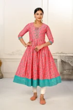 Pink Cotton Handprint Embroidered Kurtis