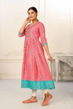 Pink Cotton Handprint Embroidered Kurtis - Image 2