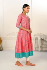 Pink Cotton Handprint Embroidered Kurtis - Image 3