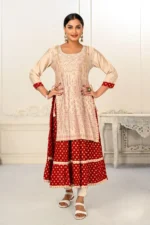 Cream Double Layered Cotton With Handfoil Print Kurtis