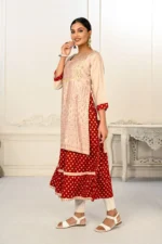 Cream Double Layered Cotton With Handfoil Print Kurtis - Image 2