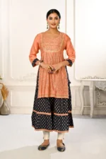 Peach Double Layered Cotton With Handfoil Print Kurtis