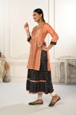 Peach Double Layered Cotton With Handfoil Print Kurtis - Image 2