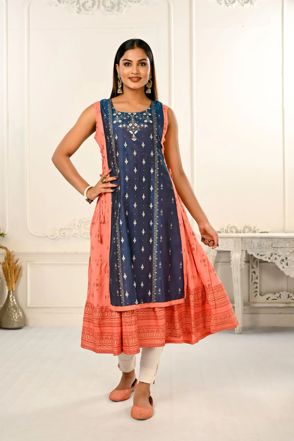 DSC9272.webp 2 Layered Inner Cotton And Outward Jacket Chanderi Kurti For Women - Image 1